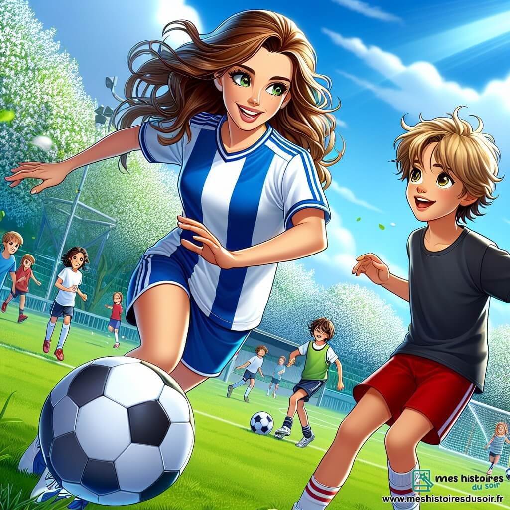 Camille, une jeune femme sportive aux cheveux brun caramel, est au centre de l'image, souriante et pleine d'énergie, portant un maillot bleu et blanc. Elle dribble un ballon de football, ses yeux pétillants de joie et de détermination, tout en encourageant les enfants autour d'elle. À sa droite, Lucas, un garçon de douze ans avec des cheveux blonds ébouriffés, est concentré et prêt à recevoir le ballon, vêtu d'un short rouge et d'un t-shirt noir. En arrière-plan, un terrain de football verdoyant, bordé d'arbres en fleurs, est rempli d'enfants qui s'entraînent et s'amusent sous un ciel bleu et ensoleillé. La scène illustre Camille transmettant sa passion pour le football, un moment de partage et d'apprentissage sur le terrain.