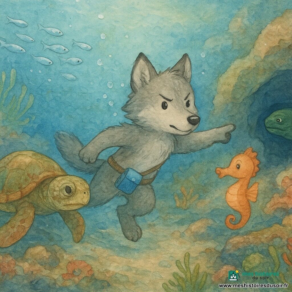 Loupiot, jeune loup anthropomorphe au pelage gris mouillé et brillant, nage avec détermination en montrant l’entrée d’une crevasse tandis qu’une tortue marine sage à carapace verte et brune ouvre lentement le chemin à gauche et Plic, un hippocampe corail vif, virevolte à droite en indiquant la crevasse du bout de sa queue; une murène prudente reste dans son trou rocheux, un banc de poissons argentés et quelques poissons-clowns observent en arrière-plan, le tout sur un récif rocheux coloré aux algues ondulantes et rayons de lumière filtrants, ambiance de courant fort maîtrisé, couleurs douces et contrastes de bleu profond avec accents chauds, rendu aquarelle texturé et atmosphère rassurante et légèrement magique.
