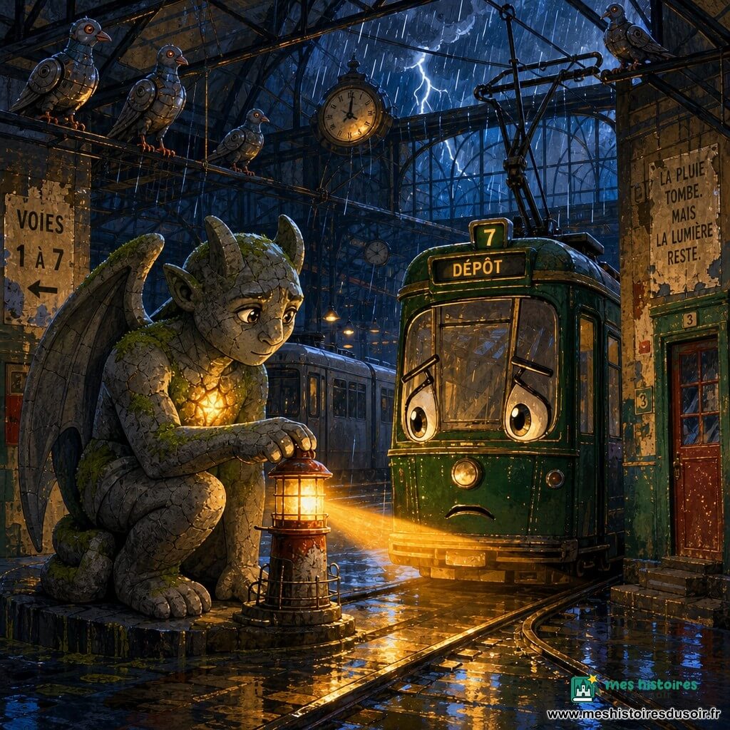 Marnie, une gargouille de pierre assise aux fines craquelures et mousse verte, pose sa patte rugueuse sur un petit phare pour l’allumer; à côté, un tram anthropomorphe vert bouteille aux phares comme des yeux inquiets mais décidés respire un léger soulagement, tandis que, dans un dépôt cathédrale de tôle et verre aux poutres noires et flaques réfléchissantes, des rames endormies et des pigeons mécaniques observent pendant une tempête battante où le faisceau chaud de Marnie traverse la pluie bleutée, créant une ambiance intime et héroïque en gouache aux couleurs profondes et textures visibles.
