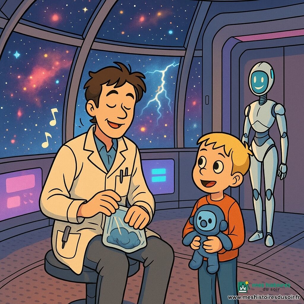Le Dr Baptiste Lemaire, souriant et apaisé, veste de laboratoire beige, est assis devant une baie vitrée et chante doucement, la main sur un sac d'échantillons ; à côté, Lucas, 8 ans, cheveux blonds et yeux émerveillés, serre une peluche spatiale en regardant Baptiste ; en retrait, une hôtesse-robot féminine en métal blanc mat aux accents turquoise observe la scène depuis une porte coulissante ; tout se déroule dans un dôme d'observatoire circulaire en verre fumé avec sol métallique et panneaux violets/cyan, où une tempête cosmique fait clignoter les lumières — ambiance cosy et rassurante, intérieur chaud contrastant avec l'extérieur froid et orageux.