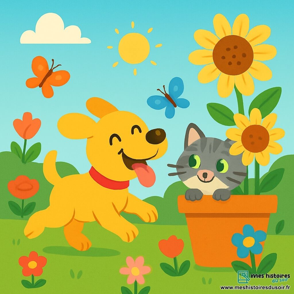 Un chien joyeux, Max, avec un pelage doré et des yeux malicieux, saute dans un jardin ensoleillé, la langue pendante et un grand sourire. À côté de lui, Mimi, une chatte malicieuse aux poils rayés gris et blancs, se cache derrière un pot de fleurs, ses yeux verts trahissant son amusement. Le jardin est rempli de fleurs colorées et de papillons. Max joue à cache-cache, cherchant sa petite amie avec enthousiasme, tandis que Mimi essaie de ne pas rire.