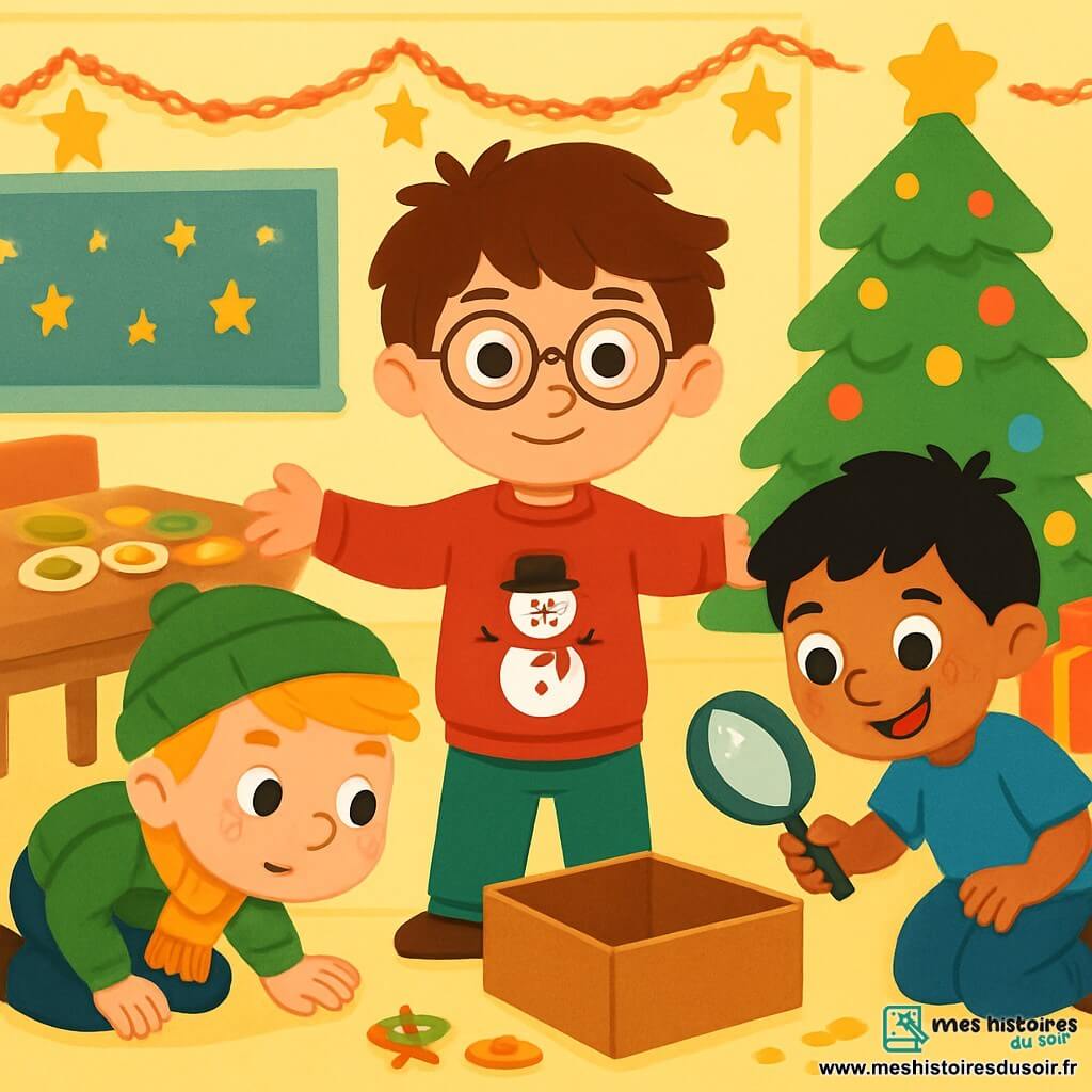 Trois personnages sont présents : Léo, un garçon de 7 ans avec des cheveux bruns en bataille et des lunettes rondes, portant un pull rouge avec un bonhomme de neige, se tient au centre, les bras écartés. Tom, un garçon de 6 ans avec des cheveux blonds et des taches de rousseur, porte un bonnet vert et une écharpe rayée, et est à gauche de Léo, penché en avant, regardant sous une table. Maxime, un garçon de 7 ans avec des cheveux noirs et un grand sourire, porte un t-shirt bleu et un pantalon en jean, et se trouve à droite de Léo, tenant une loupe et scrutant le sol. La scène se déroule dans une salle de classe festive, décorée de guirlandes scintillantes et d'un grand sapin de Noël entouré de paquets colorés. Une boîte vide indique que des friandises ont disparu. Les trois amis enquêtent pour retrouver la boîte de biscuits disparue, affichant des expressions déterminées.