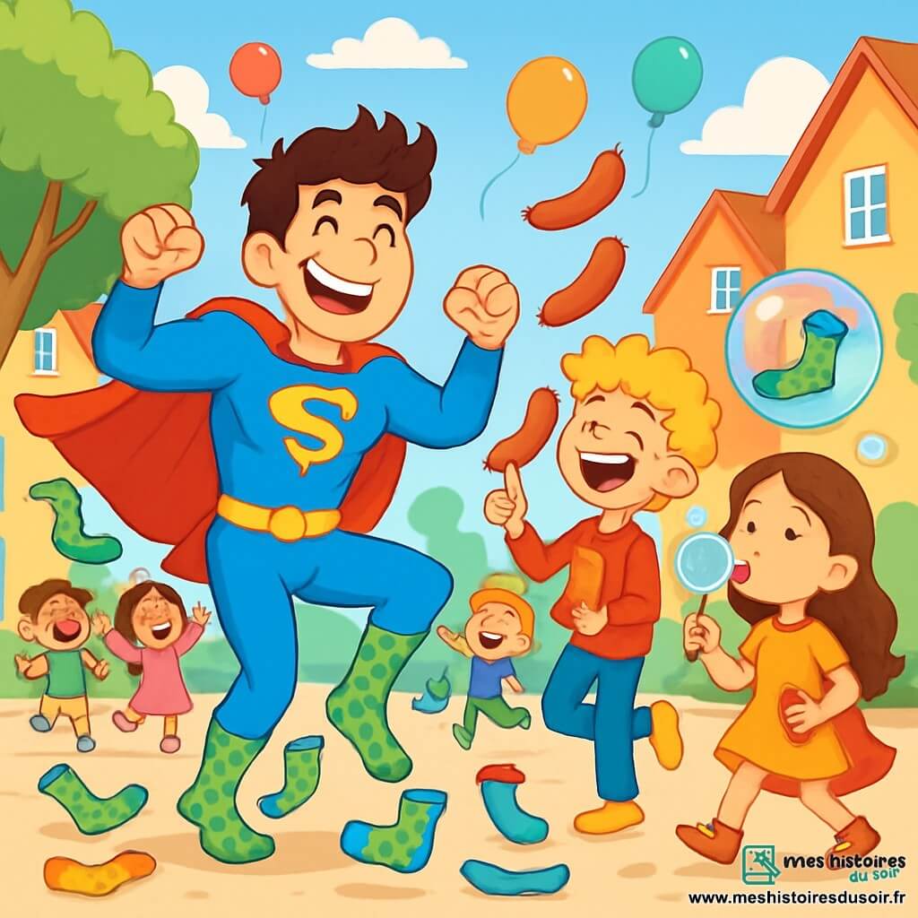 Super Stéphane, homme aux cheveux bruns en bataille, porte un costume de super-héros bleu avec une cape rouge et sourit joyeusement en dansant au milieu d'une fête chaotique de chaussettes. Ses chaussettes à pois verts sautent autour de lui. À ses côtés, Super Riton, un garçon de 10 ans aux cheveux blonds bouclés, jongle avec des saucisses rôties tout en essayant de garder l'équilibre sur un pied. Non loin, Super Lulu, une fille de 9 ans aux cheveux longs et ondulés, souffle des bulles de savon géantes qui capturent des chaussettes. La scène se déroule dans une rue animée d'un quartier ensoleillé, avec des maisons colorées et des arbres verdoyants. Des ballons flottent et des enfants dansent autour des héros, créant une ambiance festive pleine de rires et d'énergie.
