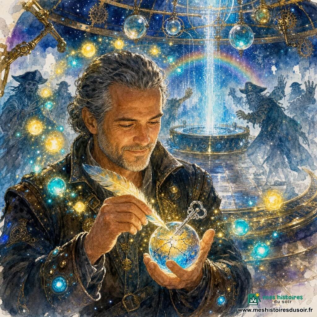 Orion, gardien d'une cinquantaine d'années, cheveux poivre et sel et barbe courte, apparaît calme et fier, souriant légèrement tandis qu'il répare délicatement le Cœur d'Avalon — une petite sphère de cristal fissurée émettant une lueur dorée et bleue — en appliquant une plume de lumière et une clé d'argent sur la fissure; autour de lui, des lucioles cosmiques jaunes et turquoises forment une couronne brillante projetant des reflets sur son visage; en arrière-plan, des silhouettes fantomatiques de pirates, dessinées en lavis gris-bleu, reculent; le tout se déroule dans une salle ronde suspendue dans l'espace, murs de métal poli et pierre noire parsemés d'engrenages flottants, sphères de cristal au plafond, bras mécaniques en laiton et une fontaine centrale — la Source Lumina — jaillissant d'une eau bleu-argent lumineuse; scène de réparation héroïque baignée d'une palette douce de bleus profonds, ors chauds et turquoises, style aquarelle enfantine détaillée, traits doux et ambiance merveilleuse et rassurante.
