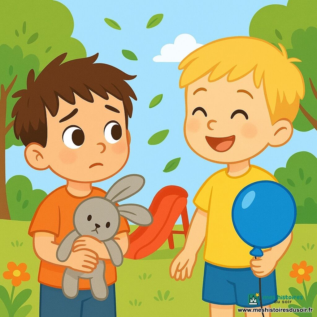 Léo, un petit garçon de 4 ans aux cheveux bruns en bataille et aux grands yeux ronds, regarde timidement Sami, un autre enfant de son âge avec des cheveux blonds et un sourire éclatant. Léo serre son doudou lapin gris contre son cœur. Ils se trouvent dans un parc ensoleillé, entouré d'arbres et de fleurs, avec un toboggan rouge en arrière-plan. Léo, nerveux, essaie de regarder Sami dans les yeux, tandis que le vent fait danser les feuilles.