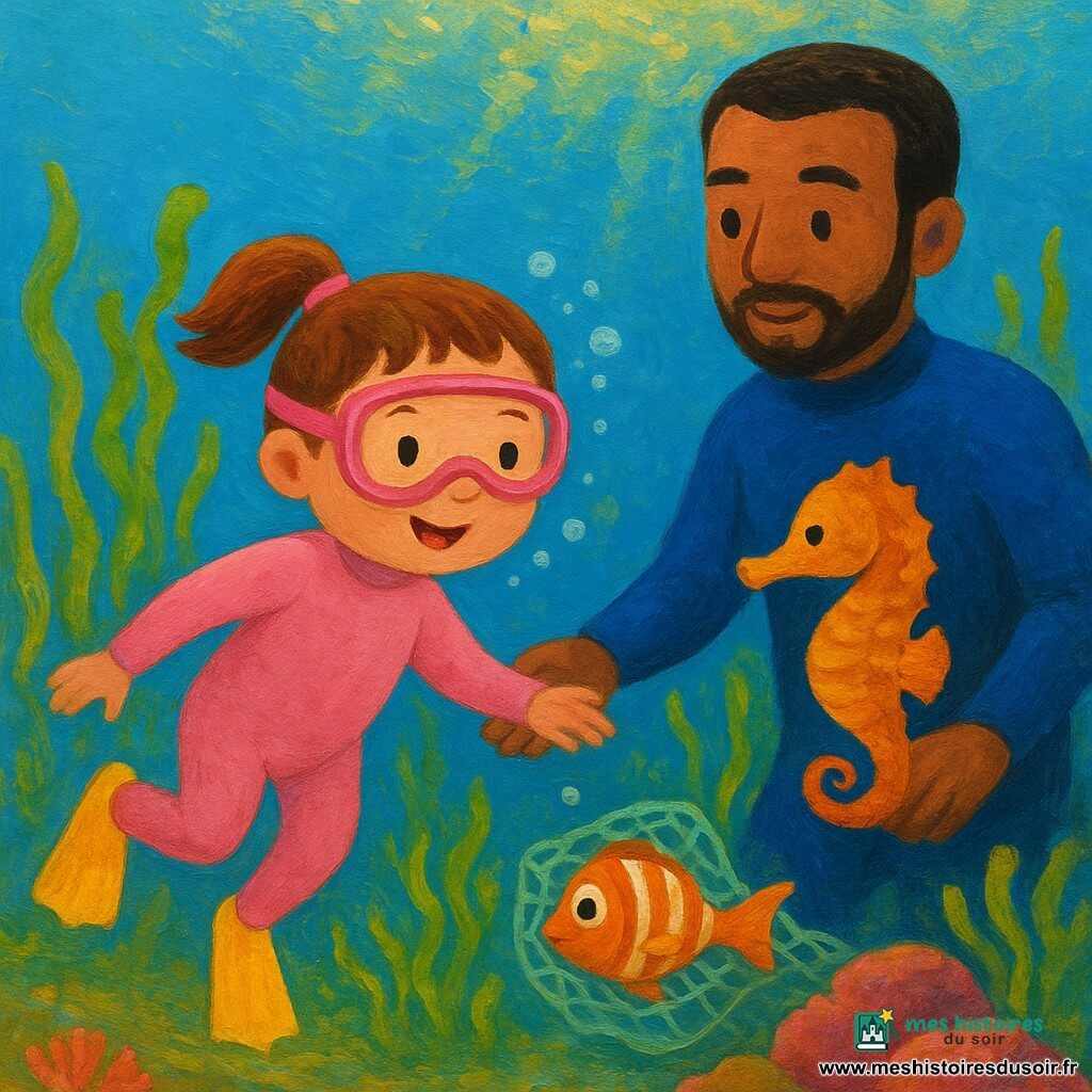 Fille de 4 ans joyeuse et concentrée, cheveux châtains en petite queue, en combinaison de plongée rose pâle, masque rose et petites palmes jaunes, avance doucement sous l'eau en faisant de petites bulles; son père d'environ 35 ans, barbu léger, en combinaison bleue, est juste derrière, calme et attentif, tend la main pour aider; un hippocampe couleur miel tourne près d'elle, un petit poisson rayé est partiellement coincé dans un filet vert pâle parmi les algues; fond marin en jardin d'algues ondulantes avec rochers et anémones roses, lumière solaire filtrée en rayons dorés, ambiance sereine, couleurs vives et textures épaisses de peinture acrylique, composition centrée et chaleureuse.