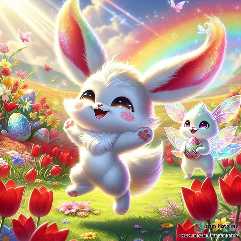 Flocon, un petit Luminou aux grandes oreilles et au pelage blanc parsemé de taches colorées, brille sous le soleil. Il sourit, excité, en dansant au milieu d'un champ de tulipes rouges. À proximité, Lila, un autre Luminou avec des ailes translucides et un pelage rose, l'observe avec admiration en tenant un œuf de Pâques coloré. Le champ fleuri est baigné de lumière dorée, avec des tulipes rouges, des fleurs bleues et jaunes dansant au vent, tandis qu'un arc-en-ciel ajoute une touche magique. Flocon et Lila célèbrent la chasse aux œufs de Pâques, entourés de fleurs colorées et d'éclats de lumière émanant des œufs cachés, créant une atmosphère joyeuse.