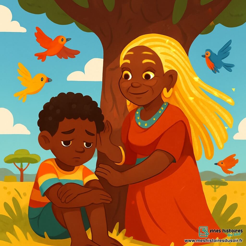 Mama Yara, une femme âgée au visage doux, se tient sous un baobab, ses cheveux tressés scintillant. Elle affiche une expression bienveillante, les yeux pétillants de sagesse, posant une main sur l'écorce de l'arbre. Samba, un garçon de dix ans aux cheveux crépus et aux yeux tristes, est assis à ses pieds, cherchant du réconfort. Il porte un t-shirt coloré et un short léger. Le décor est une brousse vibrante avec des herbes dorées et un ciel bleu. Mama Yara écoute attentivement Samba, qui lui confie ses soucis concernant sa sœur, exprimant une connexion profonde entre eux, tandis que des oiseaux colorés volent autour d'eux.