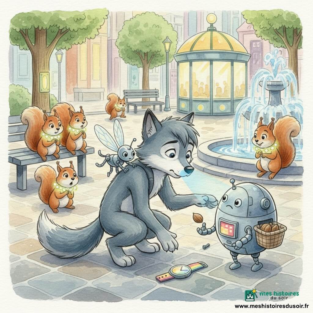 Petit Loup, un jeune loup anthropomorphe gris-bleu, accroupi et prudent, tend la patte sous un banc pour réparer un robot-distributeur de noisettes pendant que Lumo, une luciole-robot argentée posée sur son épaule, éclaire la vis d'un faisceau bleu ; plusieurs écureuils du futur, équipés de ceintures lumineuses, observent surpris et reconnaissants, tandis que la place urbaine futuriste — pavés brillants, arbres éclairés, fontaine à bulles et kiosque lumineux — fait cadre et une montre arc-en-ciel posée à côté émet une lueur douce.