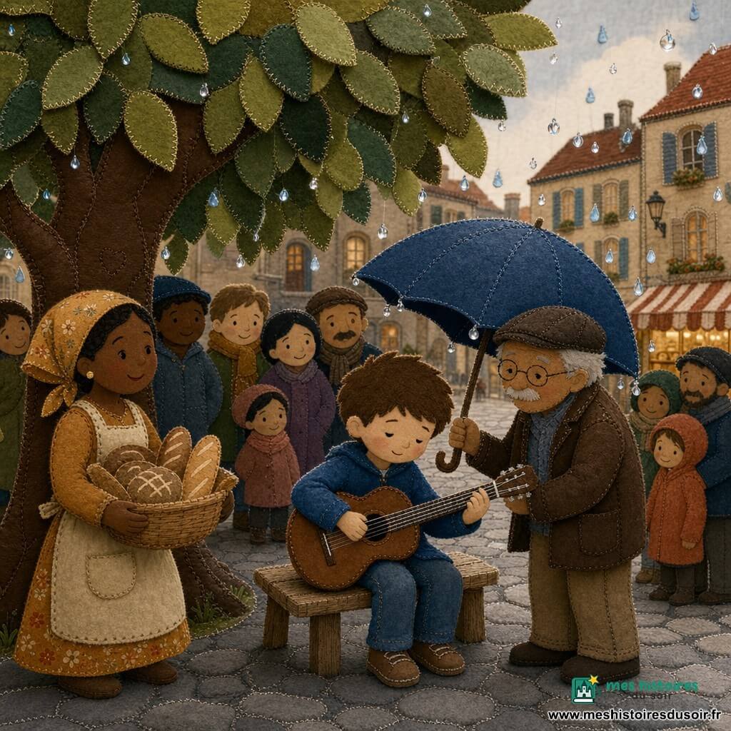 Théo, jeune homme timide et serein, joue doucement de sa guitare en souriant; à gauche sous un grand chêne massif, Mia la boulangère, souriante et attentive, tient un panier de pain tandis que Papi Jules, un homme âgé bienveillant, protège la guitare avec un parapluie bleu; la scène se déroule sur une grande place pavée, il pleut doucement (gouttes figurées par perles et petits morceaux de tissu bleu) et plusieurs habitants en silhouettes simples se rassemblent au sec sous l'arbre.
