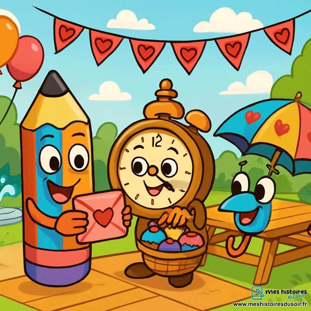 Crayou, un crayon joyeux avec des couleurs éclatantes, se tient au centre de la scène, souriant et tenant une enveloppe rose. À ses côtés, Mademoiselle Horloge, une horloge ancienne avec des aiguilles dorées, le regarde avec excitation en tenant un panier de cupcakes colorés. Un peu plus loin, Monsieur Parapluie, un parapluie multicolore avec des motifs de cœurs, s'approche, ravi de recevoir la lettre. La scène se déroule dans le parc de Trésorville, décoré de guirlandes en forme de cœur et de ballons, sous un ciel bleu clair avec des nuages blancs. Au fond, une fontaine scintillante ajoute une touche magique à l'ambiance festive. Crayou, Mademoiselle Horloge et Monsieur Parapluie partagent des rires et des douceurs autour d'une table de pique-nique, illustrant la joie de l'amitié et l'esprit de la Saint-Valentin.