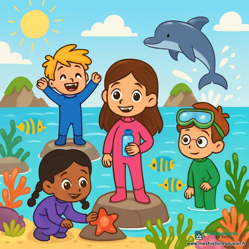Quatre enfants explorent un lagon tropical : Lila, 8 ans, en combinaison de plongée rose, souriante et prête à explorer ; Tom, 7 ans, en combinaison bleue, sur un rocher, levant les bras en signe de victoire ; Malo, 8 ans, en combinaison verte, observant les poissons avec ses lunettes de plongée sur le front ; et Jade, 6 ans, en combinaison violette, accroupie près d’un rocher, admirant une étoile de mer. Le lagon, avec son eau cristalline, est orné de coraux colorés et de poissons rayés. Les enfants s'amusent et s'encouragent, tandis qu'un dauphin joue au loin.