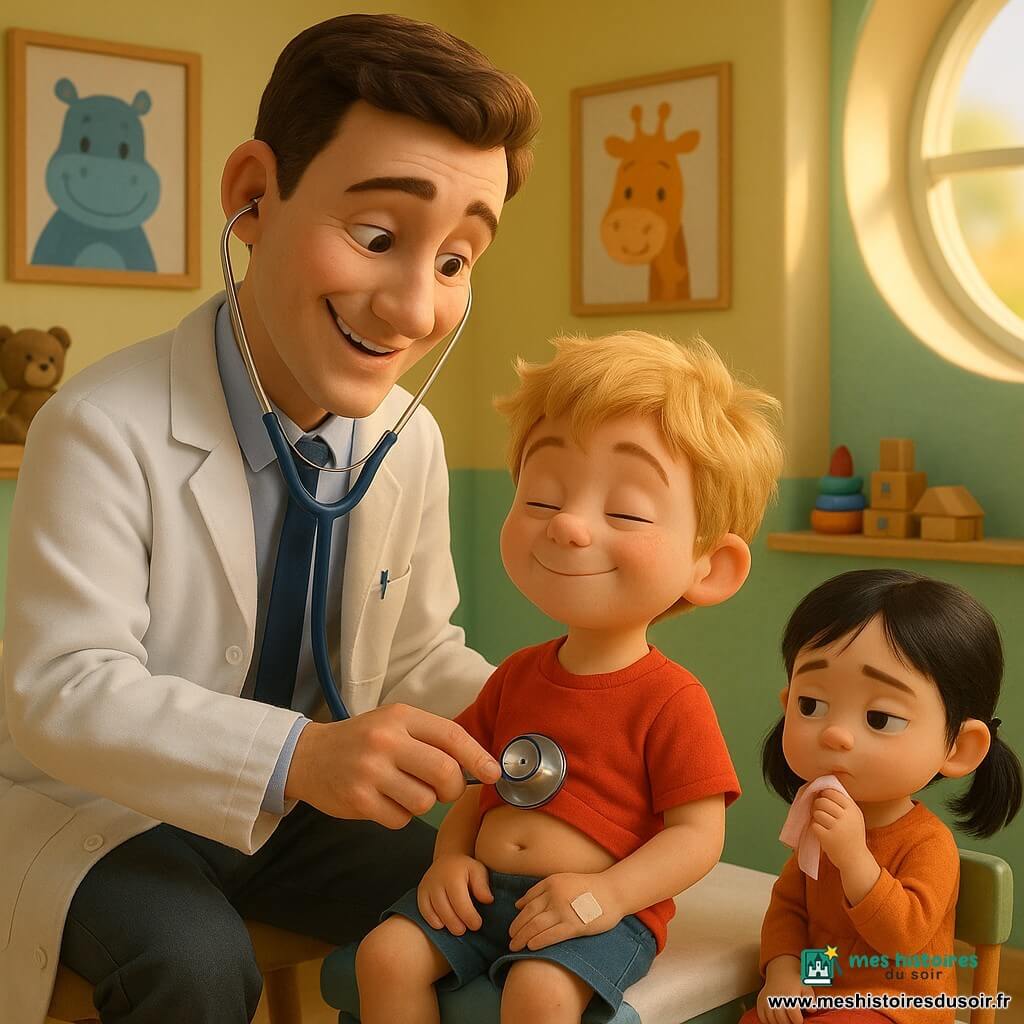 Un médecin grand et souriant en blouse blanche, cheveux courts bruns et regard doux, écoute le ventre d’un garçon d’environ 5 ans nommé Léo avec un stéthoscope bleu ; Léo, cheveux blonds en bataille, t‑shirt rouge, assis sur la table d’examen, a une expression soulagée et un petit pansement à la main ; à côté, Emma, environ 4 ans, cheveux noirs en couettes, semble fatiguée mais calme, tient un mouchoir rose et est assise sur une petite chaise ; le cabinet lumineux et coloré aux murs pastel jaunes et verts, posters d’animaux souriants, jouets en bois sur une étagère et une grande fenêtre ronde, dégage une atmosphère chaleureuse et rassurante lors de ce moment tendre de soin.