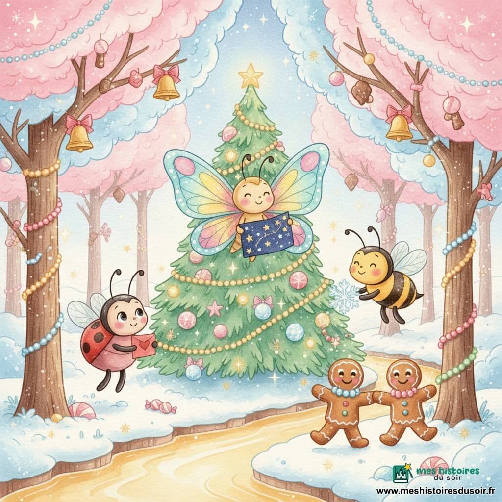 Le petit papillon Pollen, aux ailes scintillantes bleu ciel, rose et jaune, sourit posé sur une branche en tenant un ciel étoilé en papier ; à gauche du sapin, Miel la coccinelle rouge à pois tient une carte en forme de cœur près du tronc ; à droite, Buzz l'abeille jaune et noire vole en tenant un flocon de neige ; deux bonshommes en pain d'épice dansent bras liés au bord d'une rivière de lait et de miel ; le tout se déroule dans une forêt de gelée aux arbres de barbe à papa garnis de bonbons et de clochettes en chocolat, autour d'un grand sapin décoré, dans une ambiance de Noël chaleureuse et conviviale.