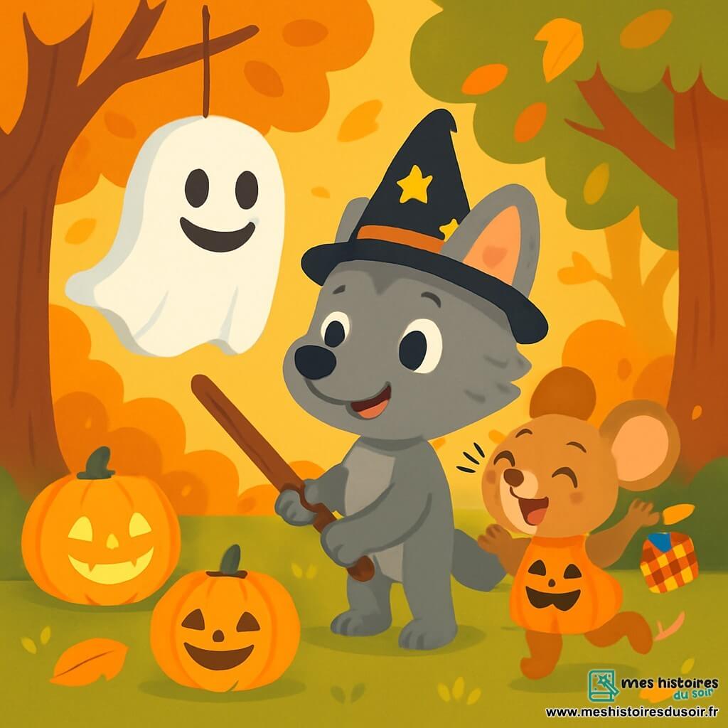 Un petit loup nommé Léo, avec un pelage gris et des yeux curieux, se tient au centre de la clairière, souriant. Il porte un chapeau de sorcier noir orné d'étoiles et tient un bâton, prêt à frapper une piñata en forme de fantôme. À côté de lui, sa meilleure amie, une petite souris nommée Sophie, avec un pelage brun clair et de grandes oreilles, saute de joie, vêtue d'un costume de citrouille et tenant un sac à bonbons. La clairière est éclairée par des lanternes en citrouille, entourée d'arbres aux feuilles dorées et oranges, créant une ambiance festive d'Halloween. Léo et Sophie, avec d'autres animaux déguisés, s'apprêtent à frapper la piñata remplie de bonbons, tandis que des rires et des cris de joie résonnent, capturant l'esprit magique de cette nuit.