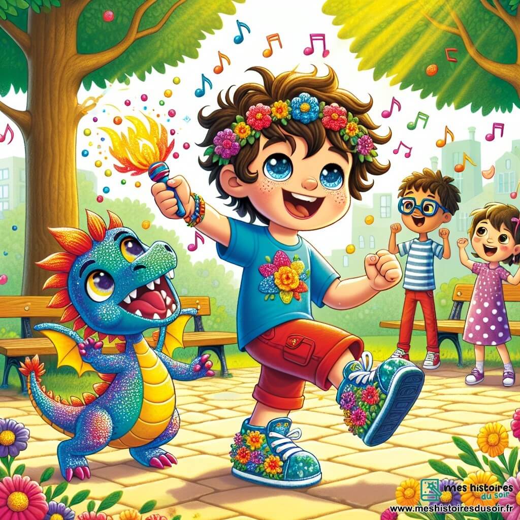 Léo, un garçon de 8 ans aux cheveux ébouriffés et aux yeux pétillants, danse joyeusement dans un parc ensoleillé, entouré de fleurs colorées. Il porte un t-shirt bleu et un short rouge. À ses côtés, un dragon multicolore nommé Dragi sourit en soufflant des flammes colorées. Des enfants du quartier les regardent avec émerveillement, riant et applaudissant. Le parc est rempli d'arbres, de bancs en bois et de rayons de soleil, créant une ambiance joyeuse. Léo et Dragi dansent, célébrant l'amitié et la magie d'une journée d'aventure.