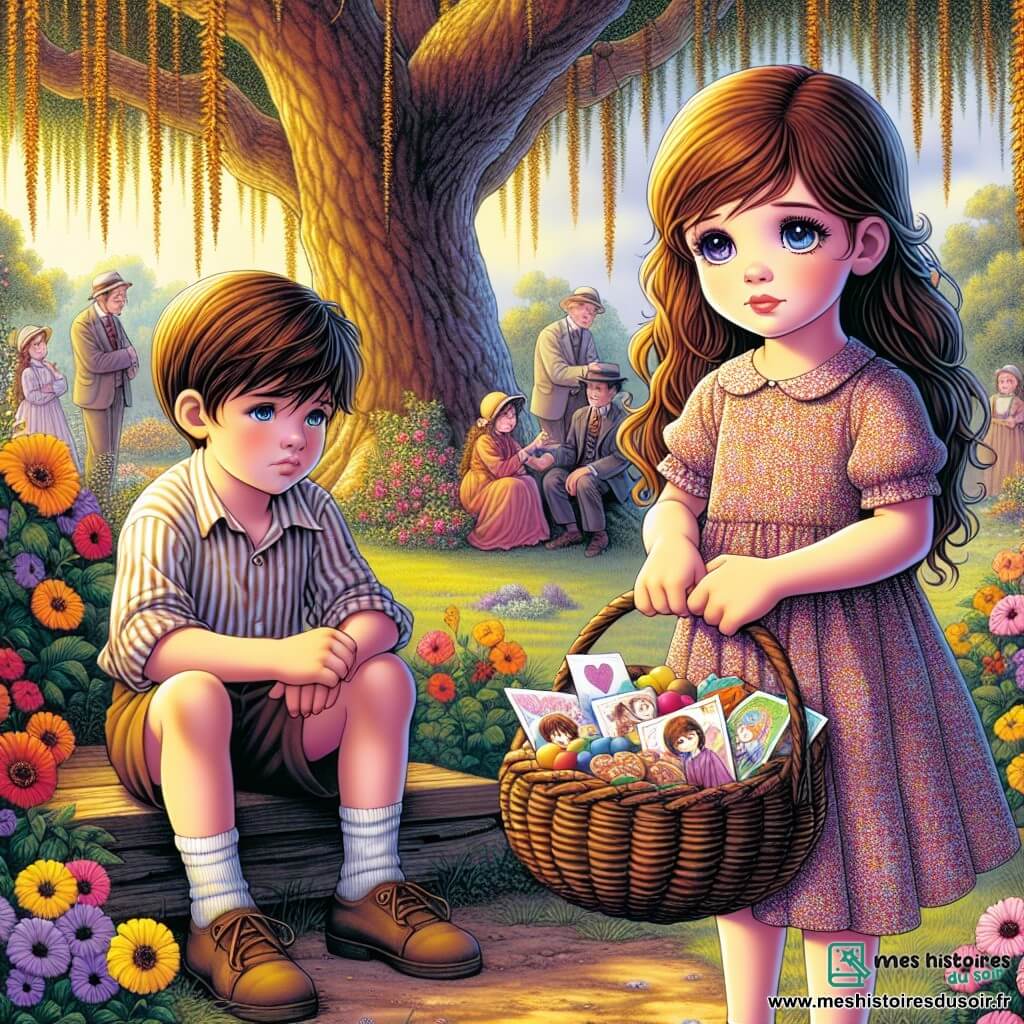 Au premier plan, Louise, une fille de 10 ans aux longs cheveux bruns et aux yeux pétillants, se tient debout avec un visage mélancolique et doux. Elle porte une robe légère à fleurs et tient un petit panier rempli de biscuits et de dessins colorés, regardant tendrement un ami. À côté d'elle, Tom, un garçon de 9 ans aux cheveux châtains et aux yeux tristes, est assis sur une balançoire en bois, perdu dans ses pensées. Le décor est un jardin verdoyant sous un grand chêne aux feuilles dorées, avec des fleurs colorées dansant au vent. En arrière-plan, des proches de Tom partagent des souvenirs, créant une atmosphère paisible et émotive. Louise tend son panier vers Tom, lui offrant un soutien chaleureux, tandis qu'une lumière douce filtre à travers les branches, symbolisant l'espoir et la mémoire des êtres chers disparus.