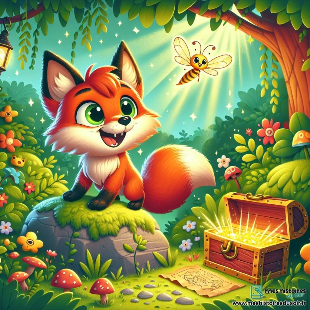 Un renard espiègle au pelage roux et à la queue touffue se tient sur une pierre moussue, les yeux brillants d'excitation et un sourire large sur le visage. Il tient une carte au trésor et observe son environnement avec curiosité. À ses côtés, une luciole scintillante vole joyeusement, illuminant le jardin secret avec ses ailes translucides. Ce jardin est rempli de fleurs colorées, de buissons en forme d'animaux et d'une boîte en bois ancienne au centre, entourée de verdure luxuriante, sous des rayons de soleil créant une atmosphère magique. Le renard découvre la boîte au trésor, émerveillé, tandis que la luciole danse autour de lui, ajoutant une touche de magie à cette scène d'exploration.