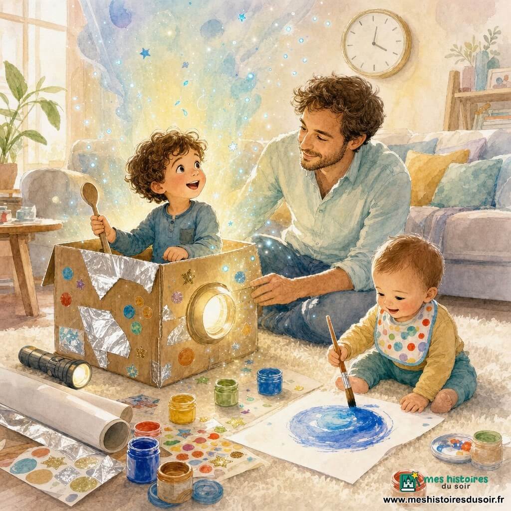 Un garçon de 4 ans aux cheveux bruns bouclés et sourire émerveillé est assis dans une boîte en carton décorée, tenant une cuillère en bois; son père d'environ 35 ans, barbe légère et chemise pastel, accroupi à côté, main sur le bord, regard protecteur; un bébé d'environ 1 an avec bavoir coloré peint un grand rond bleu au pinceau sur le tapis crème; autour, pots de peinture, rouleaux de papier et gommettes; une lampe torche fait office de « soleil » de la boîte d'où émane une douce lumière dorée et de petites étincelles bleues, ambiance chaude et aquarelle.