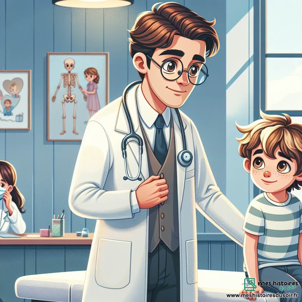 Le docteur Lucien Morel, un homme d'une trentaine d'années avec des cheveux bruns bouclés et des lunettes rondes, porte une blouse blanche et un stéthoscope. Il examine un jeune patient, Paul, un garçon de douze ans aux cheveux blonds en bataille et aux joues rosies par la fièvre, assis sur une table d'examen avec une lueur d'espoir dans les yeux. Marie, l'assistante du docteur, une femme d'une vingtaine d'années avec des cheveux châtains en chignon, prépare des dossiers près du comptoir d'accueil tout en souriant. Le cabinet médical est chaleureux, décoré de dessins d'enfants et d'une maquette de squelette, avec une lumière douce filtrant à travers les fenêtres. Lucien écoute le cœur de Paul, qui affiche une attitude courageuse malgré sa fatigue, illustrant la confiance entre le médecin et son patient.