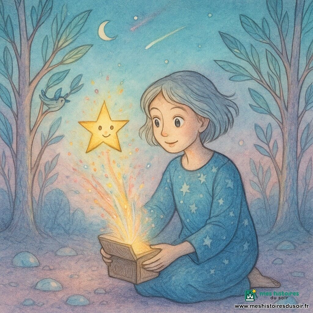 Luma, femme aux traits doux et grands yeux, cheveux courts argentés flottant, s'agenouille et ouvre un petit coffret lumineux qu'elle tient entre ses mains; une petite étoile parlante, sphère dorée scintillante à pointes, danse au‑dessus en envoyant des étincelles colorées; derrière elle, des arbres chantants élancés à écorce irisée et feuilles plume lumineuses forment un arc tandis que des oiseaux‑plumes bioluminescents volètent; la scène se déroule dans une clairière d'une planète étrangère au sol parsemé de pierres translucides, brumes violettes basses et ciel turquoise‑rose avec comètes et petites lunes; une pluie d'étoiles filantes jaillit du coffret, illuminant Luma et la petite étoile, atmosphère chaleureuse et magique aux contrastes doux entre traits d'encre et lavis aquarelle lumineux.