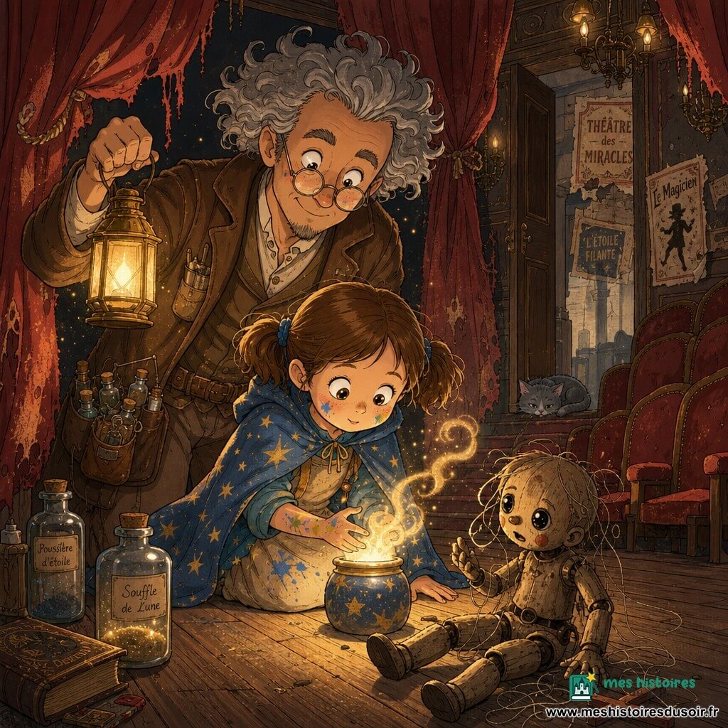 Une petite apprentie sorcière d'environ six ans, visage rond peint, cheveux en couettes et petite cape bleue étoilée, pose un pot lumineux au centre d'un vieux théâtre poussiéreux tandis qu'un alchimiste d'une quarantaine d'années aux cheveux gris et lunettes tient une lanterne dorée ; une vieille marionnette en bois commence à se réveiller au premier plan, un chat gris dort sur le pas de la porte, et la lumière dorée fait tourbillonner la poussière sur le plancher en bois sous les rideaux et les lustres, créant une atmosphère chaleureuse, magique et apaisée.