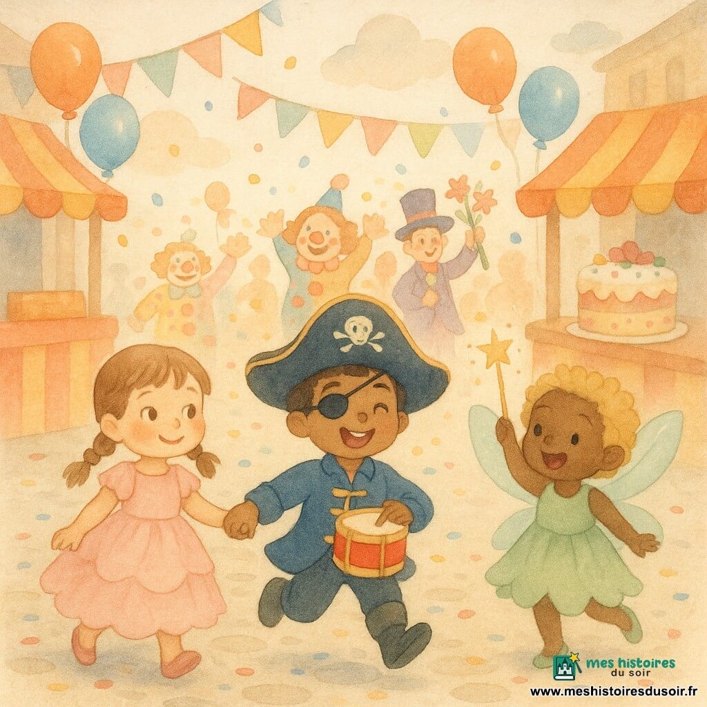 Trois enfants défilent dans une rue de carnaval pavée ornée de fanions, stands rayés, ballons et confettis : Léa, environ 5 ans, en robe de princesse rose pâle à volants et tresses, tient la main de Tom à gauche en souriant ; Tom, environ 6 ans, au centre, en costume de pirate bleu marine avec grand chapeau noir et cache-œil, joue d’un petit tambour rouge en sautillant ; Mia, environ 4 ans, à droite, en robe de fée vert clair avec ailes translucides et cheveux blonds bouclés, agite une baguette brillante. Ils suivent un défilé coloré, tapent sur leurs tambours et rient en regardant des clowns et un magicien faisant apparaître des fleurs ; ambiance joyeuse, couleurs lumineuses, formes douces, soleil doré bas et grand gâteau sur une table.
