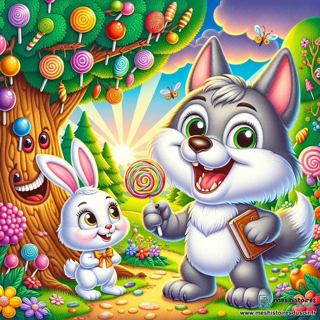 Illustration d'un petit loup joyeux avec un pelage gris et des yeux pétillants, devant un arbre à bonbons coloré. Il sourit, prêt à attraper une sucette. À côté, un arbre à bonbons anthropomorphe sourit, ses feuilles vibrantes de joie. Un peu plus loin, une lapine avec un chapeau en forme de carotte observe la scène, émerveillée, avec un carnet de notes. Le décor est une forêt enchantée, colorée et magique. Le loup raconte une blague à l'arbre à bonbons, tandis que la lapine les regarde, amusée. Des bonbons flottent autour, des nuages en forme de chaussettes sont dans le ciel, et des petits animaux dansent en arrière-plan, créant une atmosphère ludique et absurde.