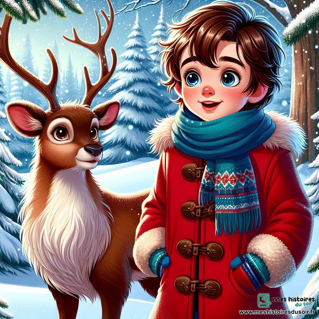 Un garçon de 9 ans, Lucas, aux cheveux châtains en bataille et aux yeux curieux, se tient dans une forêt enneigée. Il porte un manteau rouge vif, une écharpe bleue et des gants colorés, et son visage exprime joie et émerveillement en observant un renne majestueux. Le renne, avec son pelage brun et ses grandes cornes enneigées, regarde Lucas avec douceur, comme s'il partageait un secret magique. En arrière-plan, des sapins enneigés scintillent sous le soleil d'hiver, créant une ambiance féerique. Cette scène illustre la rencontre de Lucas avec le renne, symbolisant la magie de Noël dans l'amour et la beauté de la nature.
