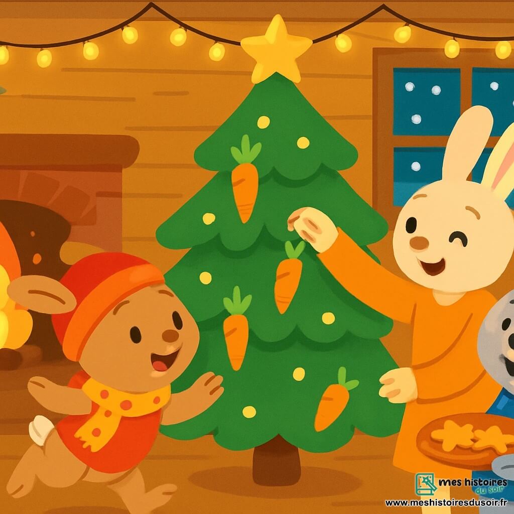 Un petit lapin nommé Noisette, avec un pelage brun et doux, porte un bonnet rouge et une écharpe à pois. Il est joyeux et curieux, sautillant devant un sapin décoré de carottes dorées. Sa maman, une lapine crème, sourit en accrochant une carotte, tandis que son papa, un lapin gris, rit avec des biscuits en forme d'étoiles. Ils sont réunis dans une maison en bois avec un feu crépitant, illuminant la pièce d'une lumière dorée. Le lieu est décoré de guirlandes lumineuses et des flocons de neige tombent à l'extérieur. Noisette et sa famille célèbrent le Nouvel An, entourés de rires et d'une ambiance festive.