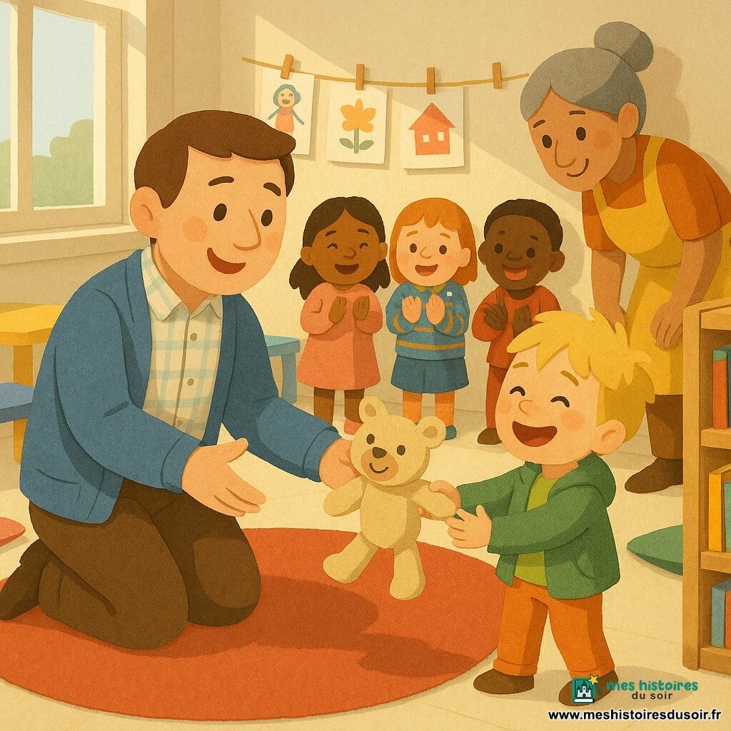 Un instituteur d'une quarantaine d'années, visage rond et sourire doux, cheveux bruns courts, chemise à carreaux claire et cardigan bleu, agenouillé sur un grand tapis rond rouge, tend un doudou beige en peluche à un petit garçon d'environ 4 ans aux cheveux blonds en bataille, qui passe des larmes au sourire; Claire, la dame de la cantine, cheveux gris en chignon et tablier jaune, se penche près d'une étagère où le doudou a été trouvé, tandis que trois enfants (deux filles et un garçon, 4–5 ans) forment un demi-cercle derrière eux, applaudissant; la classe lumineuse a de grandes fenêtres, tables basses colorées, murs ornés de dessins, une bibliothèque basse et coussins multicolores; scène centrée sur l'échange rassurant, silhouettes en papier découpé, couleurs contrastées et lumière douce du matin.