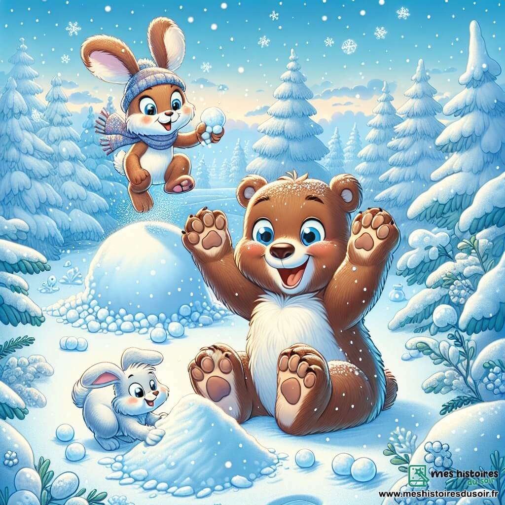 Un ours brun nommé Oscar, avec un pelage doux et des yeux malicieux, saute joyeusement dans un tas de neige, laissant des empreintes derrière lui. Il sourit largement, ses pattes levées en l'air. À côté, un petit lapin nommé Léo, avec des oreilles longues et ébouriffées, fait une boule de neige, prêt à la lancer vers Oscar. La scène se déroule dans une forêt enchantée, avec des arbres couverts de neige scintillante et un ciel bleu clair parsemé de flocons. Oscar et Léo s'amusent ensemble dans la neige, construisant des bonhommes et jouant à se lancer des boules de neige, remplis de rires et d'amitié.