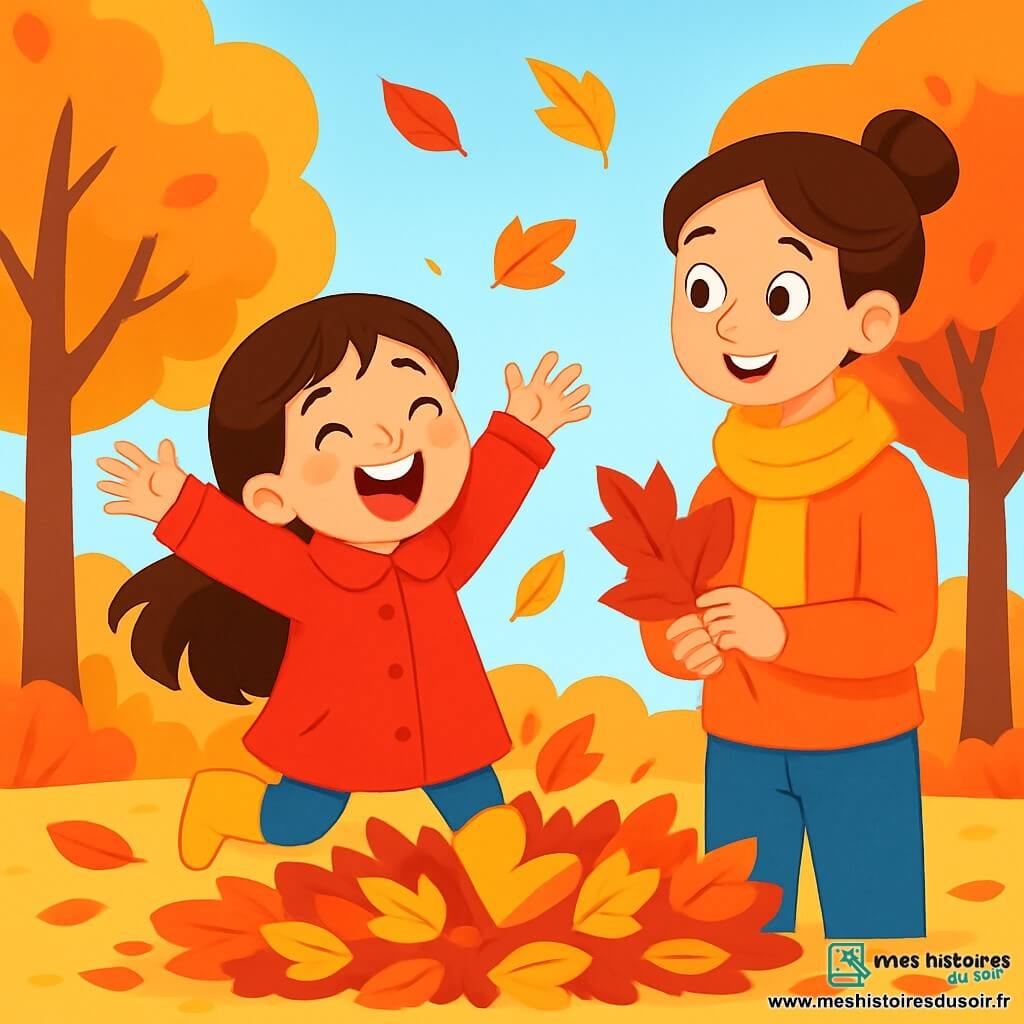 Une petite fille de 6 ans, Léa, avec de longs cheveux bruns et des yeux joyeux, porte un manteau rouge et des bottes jaunes. Elle saute dans un tas de feuilles d'automne, riant, tandis que des feuilles colorées volent autour d'elle. Sa maman, une femme d'environ 30 ans avec des cheveux châtains en chignon, sourit en tenant une grande feuille rouge, observant Léa avec fierté. Le parc est vibrant d'automne, avec des arbres aux feuilles dorées, oranges et rouges, et un ciel bleu clair. Léa s'amuse à sauter dans les feuilles, encouragée par sa maman. Cette scène illustre la magie de l'automne et la joie des moments en famille.