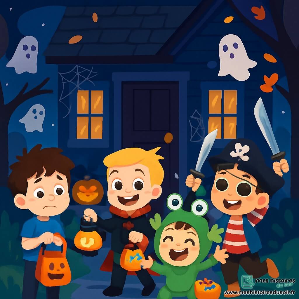 Quatre enfants se tiennent devant une maison décorée pour Halloween. Max, inquiet mais souriant, porte un t-shirt bleu et tient un sac à bonbons. Léo, en costume de vampire, sourit largement avec une lampe citrouille. Tom, déguisé en monstre vert, saute de joie avec un sac à bonbons plein. Sam, en pirate, brandit une épée en plastique et rit. La maison est ornée de toiles d'araignées et de citrouilles illuminées, tandis que des fantômes en papier flottent dans les arbres. Les enfants frappent à la porte, excités mais un peu inquiets, prêts à demander des bonbons.