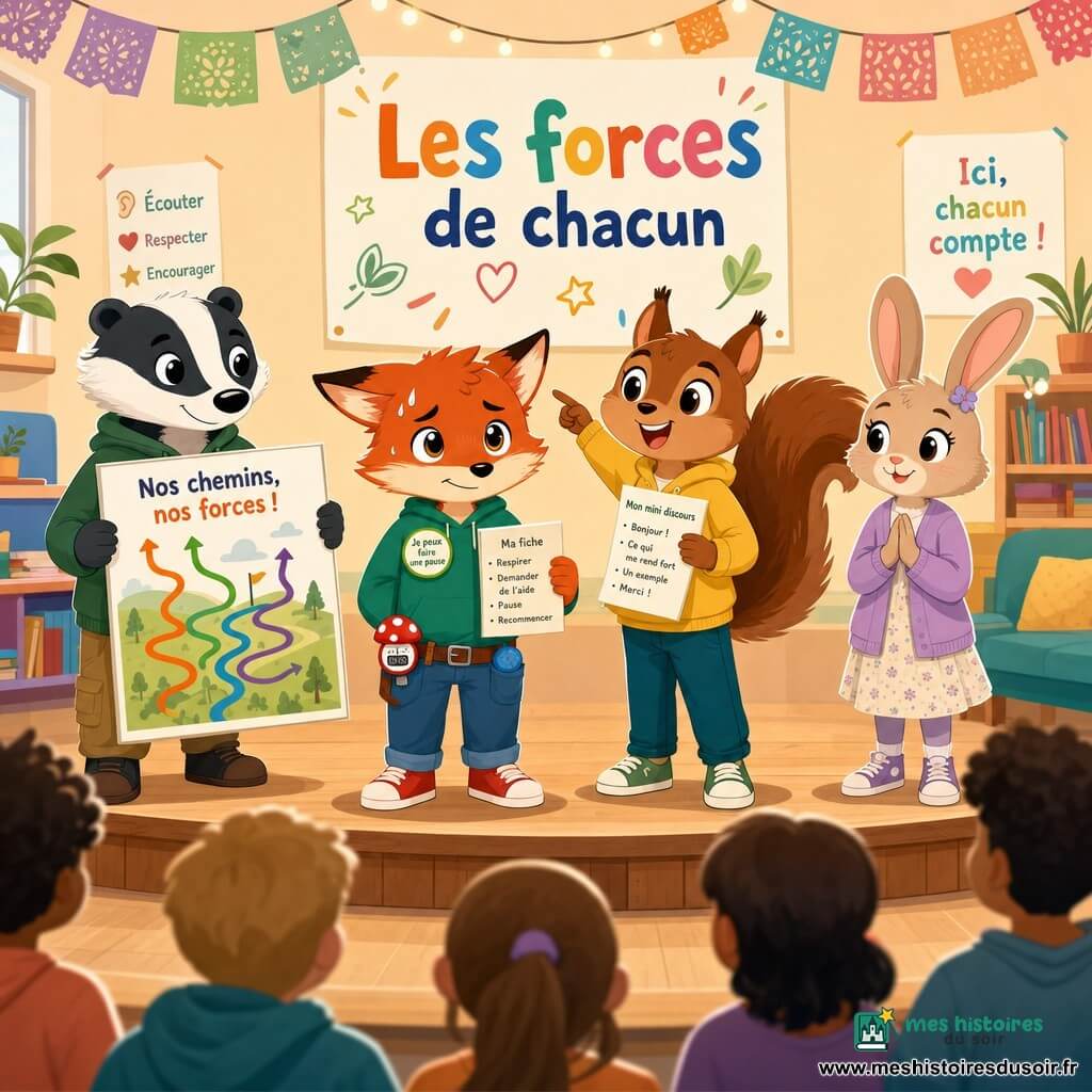 Nino, petit renard roux anthropomorphe, a une expression nerveuse mais fière, yeux grands et brillants, oreilles un peu baissées ; il tient une petite fiche de mots-clés, porte un minuteur champignon à la ceinture, une balle anti-stress dans la poche et un badge « Je peux faire une pause » ; Sami l’écureuil, confiant et souriant, tient la moitié du discours en pointant l’affiche ; Jo le blaireau, calme et concentré à gauche, montre une grande affiche avec chemins et flèches colorées ; Rina la lapine, à droite, souriante et encourageante, mains jointes, prête à prendre la parole ; la scène se situe sur une petite estrade en bois dans une salle commune aux murs pastel, guirlandes et une grande affiche « Les forces de chacun », avec des bancs et d’autres enfants floutés en arrière-plan, lumières douces, atmosphère bienveillante, composition claire et couleurs chaudes à contrastes doux.