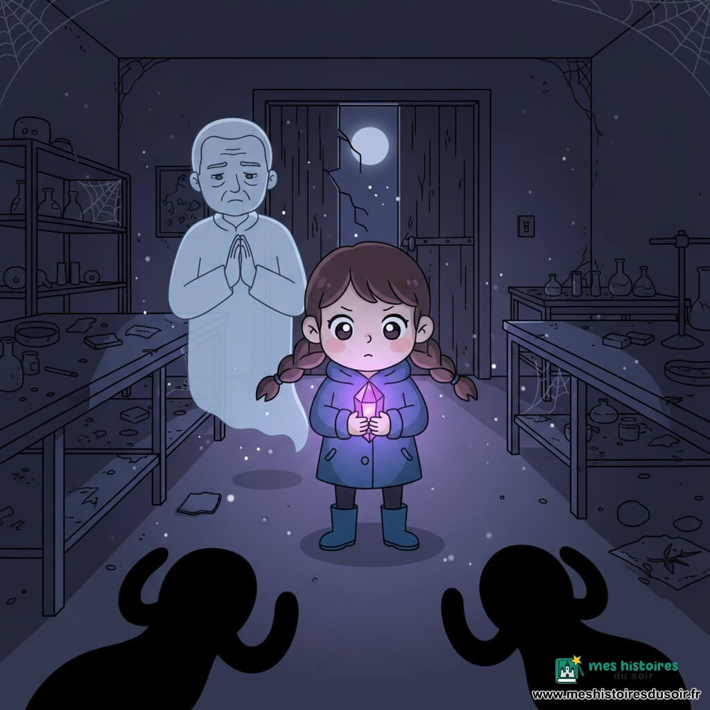 Fille de 12 ans, courageuse et légèrement tremblante, visage rond, grands yeux brillants, cheveux châtain en deux nattes, manteau bleu et bottes en caoutchouc, tenant fermement un cristal violet lumineux à deux mains, posture décidée et regard fixé sur la lumière. Un esprit ancien d’environ 60 ans, silhouette translucide blanc-bleutée, traits doux et mélancoliques, flotte derrière elle à gauche, mains jointes en signe de gratitude. Des ombres tordues, noires et ondulées, sans visages détaillés, se recroquevillent au sol et reculent vers l’arrière-plan. Décor : laboratoire abandonné avec tables en métal rouillé, étagères renversées, fioles cassées, poussière en fines particules, toiles d’araignée et grande porte en bois fissurée laissant entrer une bande de clair de lune. Le cristal projette une lumière violette qui éclaire les visages et repousse les ombres, ambiance nocturne au contraste marqué entre la lumière douce du cristal et l’obscurité profonde du laboratoire. Palette : violet lumineux, bleu nuit, gris métallique, touches de blanc. Style kawaii minimal : formes simplifiées, contours nets, textures légères, expressions douces, atmosphère mystérieuse mais rassurante.