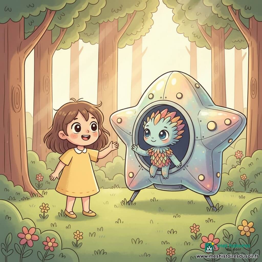 Émilie, 8 ans, émerveillée et souriante, tend la main vers un vaisseau en forme d’étoile scintillant; un extraterrestre Luno, de la taille d’un enfant, à plumes irisées et grands yeux bleus doux, se tient à la porte ronde entrouverte et fait un geste accueillant. Le vaisseau, à coque métallisée aux reflets changeants et petites lumières pastel, est posé dans une clairière verdoyante parsemée de fleurs, les rayons du soleil filtrant entre de grands arbres — lumière chaude, couleurs douces et composition centrée sur la rencontre amicale.