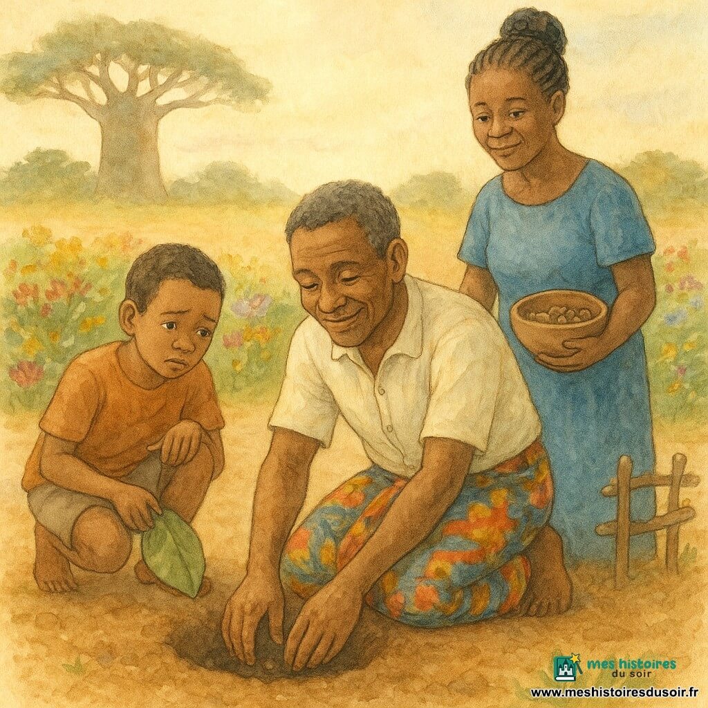Samba, homme au visage chaleureux et ridé, peau brun-olive, agenouillé et souriant, creuse un trou à mains nues pour planter une graine de néré; Awa, femme d’environ 50 ans à la peau sombre et aux cheveux en chignon, se tient derrière avec bienveillance en tenant une petite calebasse de graines, tandis que Moussa, garçon d’environ 10 ans à la peau caramel, accroupi à gauche, tient des feuilles et paraît embarrassé puis repentant; la scène se déroule au bord d’une savane rousse avec un chemin de terre, des fleurs sauvages et un baobab à l’horizon sous une lumière matinale dorée, terre fraîchement retournée, petite barrière de branches et une goutte d’eau versée depuis la calebasse, rendu en aquarelle douce aux textures granuleuses, contrastes chauds et verts tendres transmettant calme, chaleur et espoir.