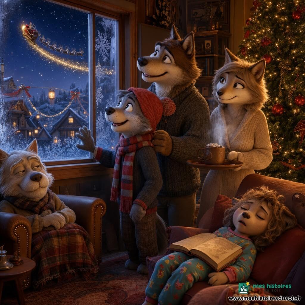 Loupiot, petit loup gris aux yeux brillants, bonnet rouge et écharpe rayée, pose la main sur une fenêtre givrée en regardant le ciel, émerveillé ; Maman Louve beige tient une tasse de chocolat près du sapin, Papa Loup brun a la main sur l’épaule de Loupiot, Grand‑Papa Loup, moustaches blanches, assis près de la fenêtre, et Lulotte dort sur le canapé avec un livre ouvert ; le salon chaleureux, sapin décoré et cheminée, donne sur une rue enneigée où un traîneau lumineux traverse le ciel en laissant une traînée scintillante que la famille contemple, capturant l’instant magique.