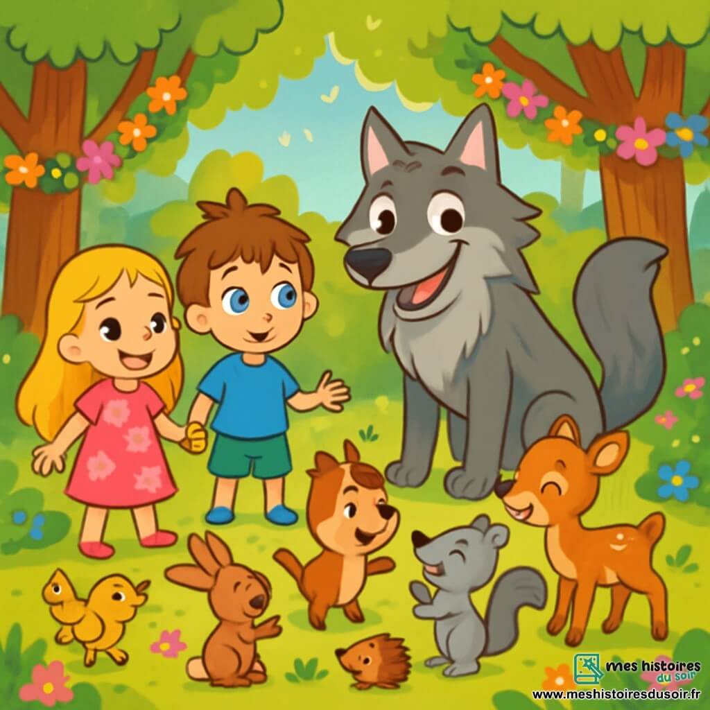 Il y a trois personnages : Léa, une fille de 7 ans avec de longs cheveux dorés et une robe rose à fleurs, qui sourit en tenant la main d'Hugo, un garçon de 6 ans aux yeux bleus et cheveux bruns, portant un t-shirt bleu et un short vert, curieux. À côté d'eux se trouve le Grand Méchant Loup, une créature majestueuse à la fourrure grise et aux yeux brillants, souriant amicalement malgré sa taille. L'image se déroule dans une clairière enchantée au cœur d'une forêt magique, avec des arbres majestueux, des fleurs colorées et des animaux curieux formant un grand cercle. Léa et Hugo présentent le Grand Méchant Loup aux autres animaux, créant une atmosphère de fête et d'amitié où la peur s'est transformée en joie.