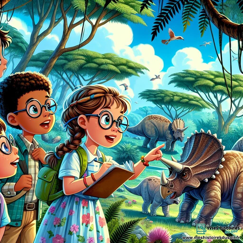 Un garçon de onze ans, aux cheveux bruns ébouriffés et aux yeux pétillants, observe émerveillé des tricératops dans une jungle préhistorique. À ses côtés, une fille aux cheveux blonds tressés et lunettes rondes prend des notes, curieuse. Un autre garçon aux cheveux noirs et lunettes scrute les environs sérieusement, tandis qu'une fille aux cheveux châtains bouclés, en robe colorée, pointe un groupe de créatures à plumes, excitée. La jungle est luxuriante, avec des fougères géantes et des arbres massifs sous un ciel bleu. Les enfants planifient leur mission pour protéger les tricératops, déterminés, alors qu'un rugissement puissant résonne au loin.