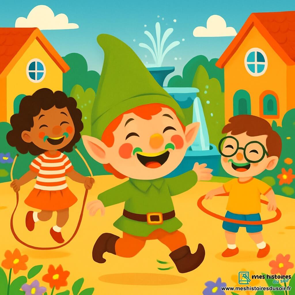 Un petit lutin nommé Pistache, joyeux et espiègle, danse en riant au milieu d'un groupe d'enfants. Zoé, une petite fille de 8 ans, saute à la corde, tandis que Tom, un garçon de 7 ans avec des lunettes, essaie de faire des figures avec un cerceau. Le décor est une grande place du village, entourée de maisons colorées et de jardins fleuris, avec une fontaine scintillante au centre. La scène montre Pistache et les enfants riant ensemble, avec des moustaches colorées après avoir croqué dans une pomme arc-en-ciel, créant une ambiance joyeuse et amicale.