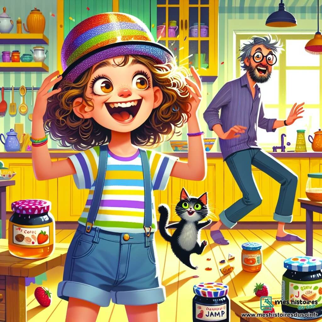 Zoé, une fille de 10 ans aux cheveux châtains bouclés et au sourire amusé, porte un t-shirt rayé et un short en jean. Dans sa cuisine lumineuse, elle rit aux éclats avec un chapeau melon coloré. Son père, un homme d'une trentaine d'années avec une barbe broussailleuse, marche à reculons, surpris par de la confiture tombant du plafond. À côté, Monsieur Biscotte, un chat noir aux yeux verts, fait la roue joyeusement. La cuisine, aux murs jaunes et à la table en bois massif, est en désordre avec des pots de confiture. Zoé invente une règle loufoque transformant la cuisine en une piste de danse chaotique, où tout le monde marche à l'envers, créant une ambiance amusante.