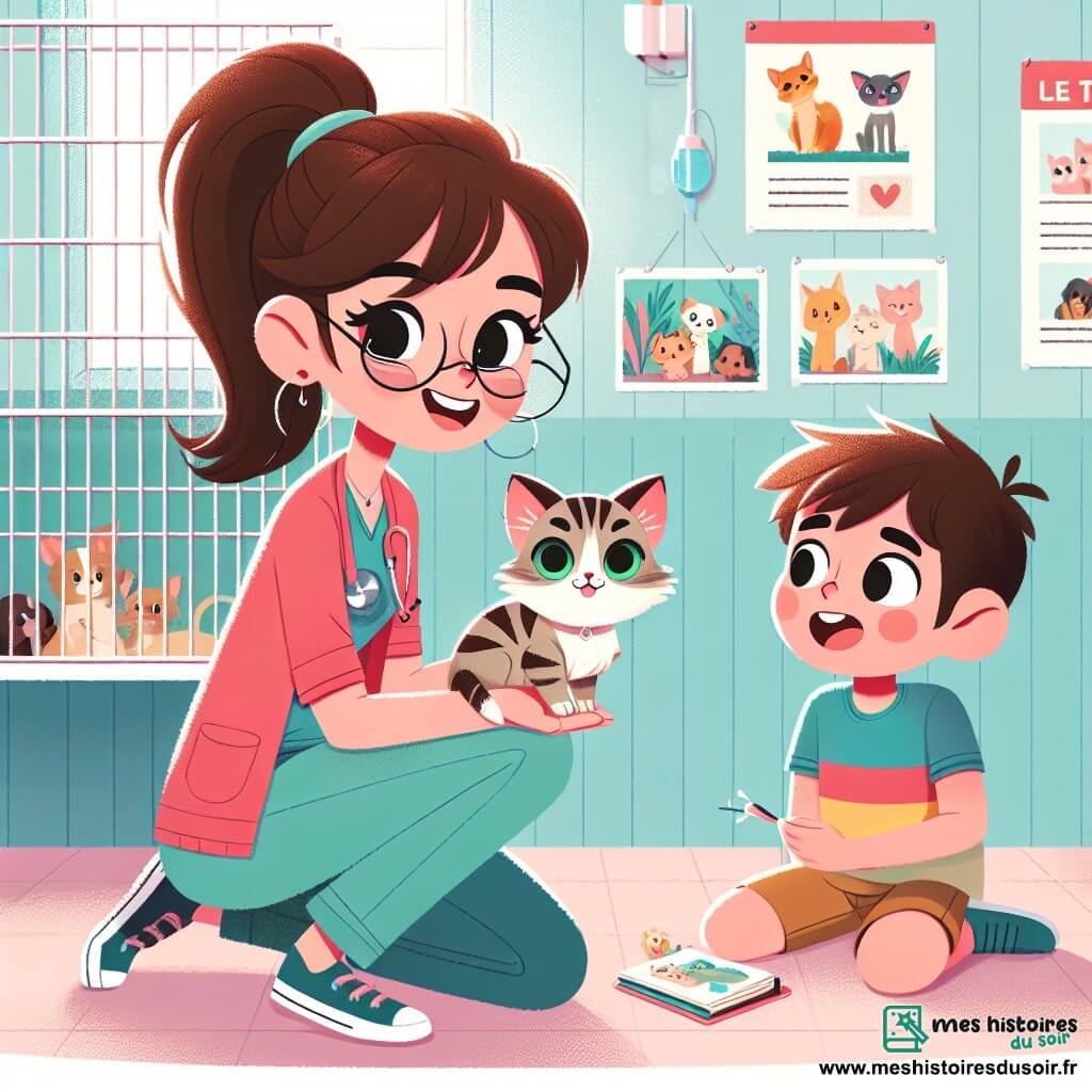 Sophie, vétérinaire passionnée d'une trentaine d'années, a des cheveux châtains en queue de cheval et porte des lunettes rondes. Elle sourit chaleureusement en tenant un petit chaton aux yeux verts, Choupette. À ses côtés, Lucas, un garçon de onze ans aux cheveux bruns en bataille, observe avec émerveillement, accroupi et tenant un carnet rempli de dessins d'animaux. La scène se déroule dans la clinique vétérinaire « Les Pattes Heureuses », un lieu accueillant avec des murs pastel, des affiches éducatives et des cages transparentes. Sophie examine Choupette tout en expliquant à Lucas comment prendre soin des animaux, illustrant leur interaction joyeuse et la passion de Lucas pour les animaux ainsi que le dévouement de Sophie.