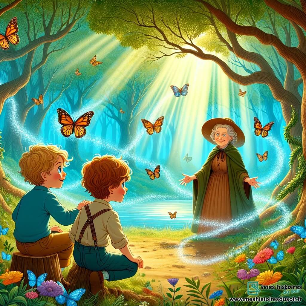 Deux garçons de neuf ans, Émile et Théo, se tiennent au centre d'une clairière enchantée. Émile, aux cheveux bouclés couleur blé et aux yeux rêveurs, admire une famille de papillons colorés. Théo, malicieux avec ses yeux pétillants et ses cheveux châtains, est prêt à explorer. La clairière est illuminée par une lumière dorée, entourée d'arbres majestueux aux feuilles scintillantes. Un bassin d'eau cristalline reflète le ciel bleu, tandis qu'une brume légère ajoute une touche de magie. Émile et Théo rencontrent Dame Sagesse, une vieille femme au chapeau de paille, assise sur une souche, prête à leur révéler des vérités cachées. Fascinés, les garçons s'apprêtent à écouter ses conseils, marquant le début de leur quête intérieure.