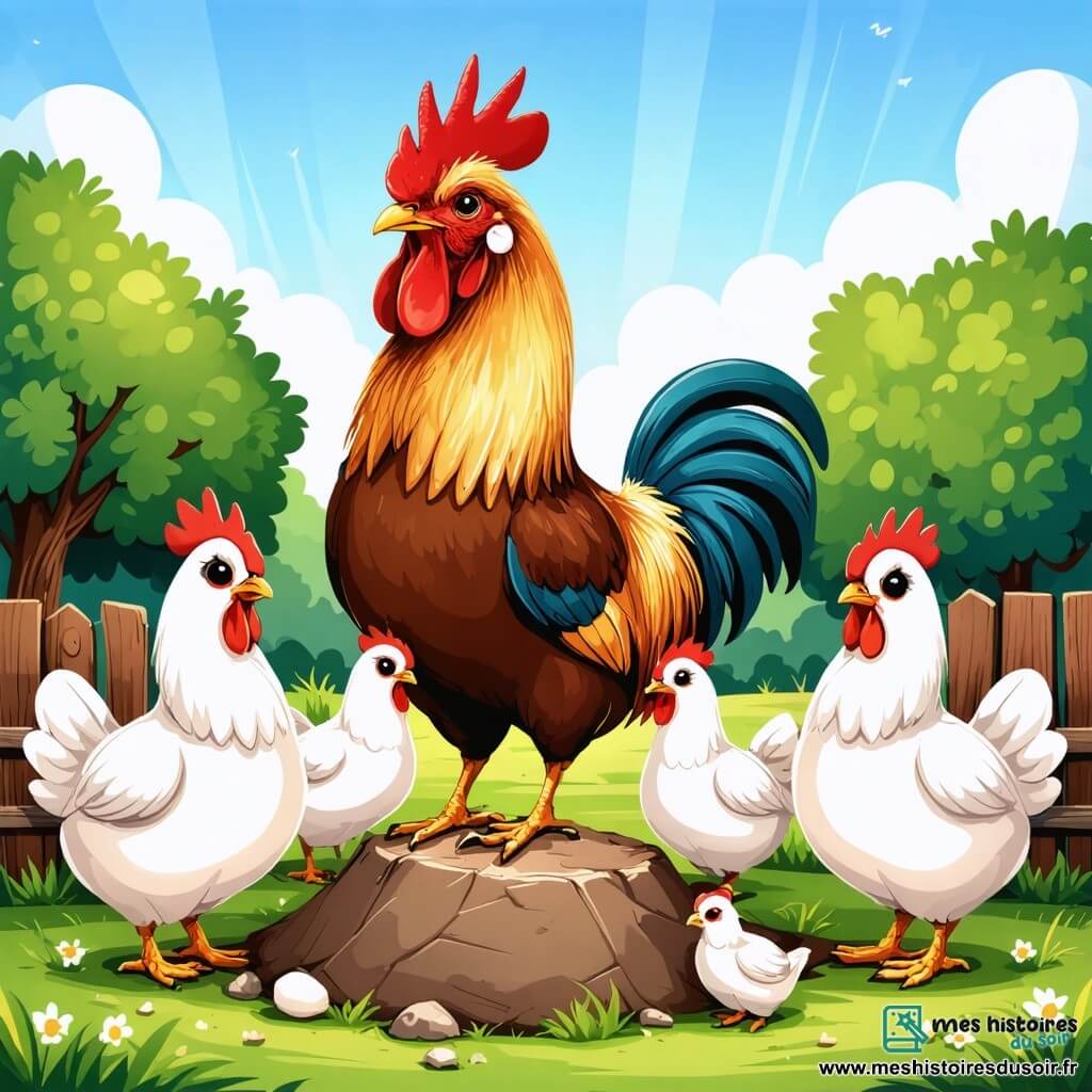 Un coq nommé Caramel, avec des plumes dorées et un peigne rouge, se tient sur une butte au centre de la ferme, affichant une expression déterminée. Il surveille son entourage, prêt à défendre ses poules qui, aux plumes blanches et brunes, l'écoutent attentivement, un peu inquiètes mais admiratives. En arrière-plan, la ferme est entourée de champs verdoyants, avec une clôture en bois, une grange rouge et des arbres fruitiers, créant une ambiance paisible. Caramel crie pour alerter les poules d'un danger imminent, alors qu'un renard s'approche furtivement de la clôture, et les poules semblent prêtes à suivre leur coq.
