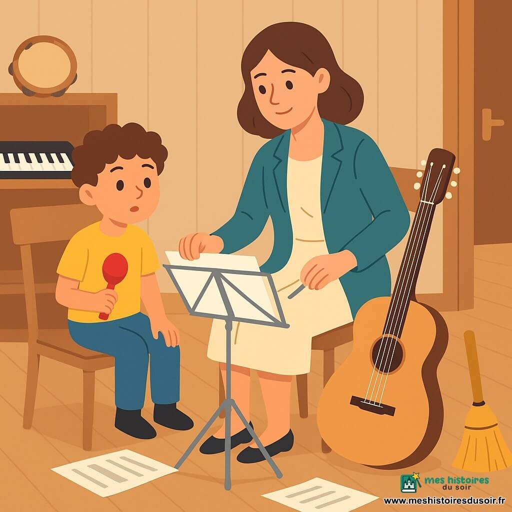 Lila, musicienne souriante mais concentrée, cheveux bruns mi-longs, veste bleu-vert et robe claire, est assise et répare calmement un pupitre métallique plié au centre tandis qu'une guitare repose à côté ; Noé, garçon de 6 ans aux cheveux bouclés châtains en t-shirt jaune, est assis sur une chaise trop grande à gauche, tenant une petite maracas rouge et aidant à tenir une partition avec un air attentif et rassuré ; la salle de répétition en bois clair avec parquet contient une grande table aux partitions éparpillées, une étagère d'instruments, une porte entrouverte laissant filtrer une lumière chaude et un balai jaune appuyé contre la table, ambiance chaleureuse, sereine et visuellement simple, couleurs douces et contrastes nets.