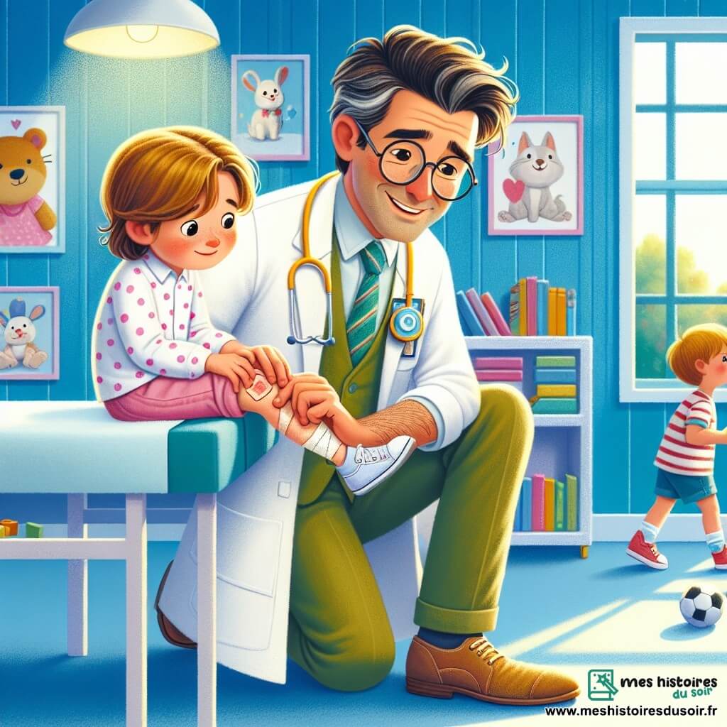 Un docteur nommé Paul, souriant et bienveillant, porte une blouse blanche et un stéthoscope coloré. Il est accroupi pour soigner une petite fille, Léa, âgée d'environ 7 ans, qui a un genou éraflé. Léa, avec ses longs cheveux blonds et sa robe rose à pois, regarde Paul avec un sourire rassuré. La scène se déroule dans une clinique lumineuse aux murs bleus, décorée de dessins d'animaux et de jouets colorés. Paul examine le genou de Léa avec douceur, tandis qu'un petit garçon, Sam, âgé de 6 ans, observe la scène avec curiosité, prêt à consulter le docteur après elle.