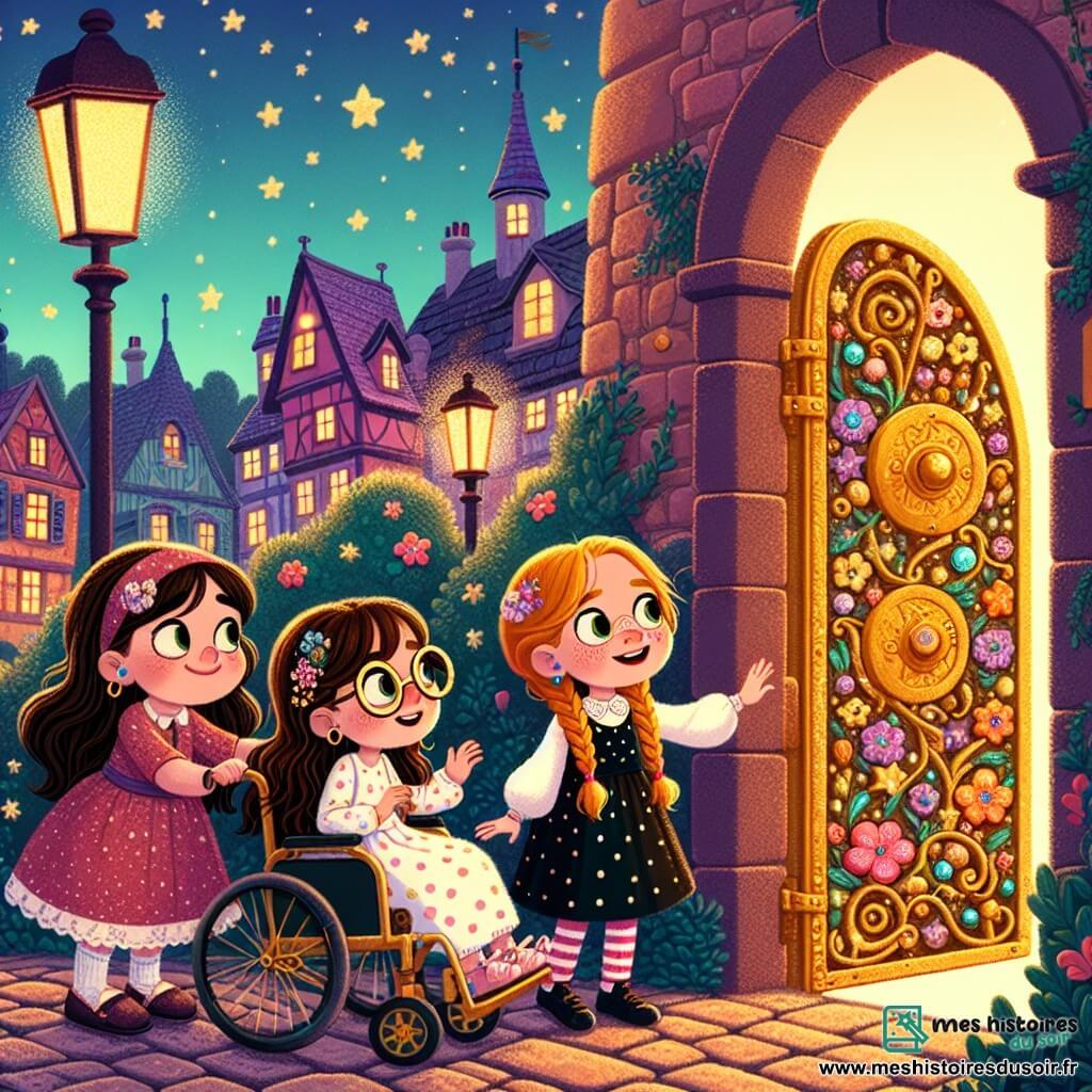 Trois filles se tiennent au bord d'un vieux pont en pierre, sous un ciel crépusculaire étoilé. Clara, 10 ans, est dans un fauteuil roulant coloré, souriant avec curiosité. À côté, Lou, 9 ans, avec des cheveux blonds en tresses et une robe à pois, lève les bras en découvrant une porte dorée cachée derrière un buisson. Émilie, 10 ans, aux cheveux roux et lunettes en forme de cœur, se penche pour toucher la porte, excitée. Le lieu est animé, avec des lampadaires scintillants, des maisons colorées et des pavés brillants sous la lumière douce. La porte dorée, ornée de motifs floraux, semble mystérieuse, invitant les enfants à l'explorer. Les trois amies, surprises et joyeuses, symbolisent leur esprit d'aventure et leur amitié indéfectible.