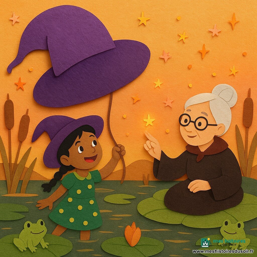 Une jeune sorcière, Lila, malicieuse, chapeau violet gonflable comme une montgolfière flottant au-dessus d'elle qu'elle retient par une corde, cheveux noirs en tresse, robe verte à pois jaunes, souriante; Tante Grignote, vieille sorcière d'environ 70 ans, cheveux blancs en chignon et lunettes rondes, assise sur un énorme nénuphar transformé en coussin, tend la main avec une petite étincelle posée sur son doigt; des étincelles orange et rose en formes d'étoiles et de lucioles laissent des traînées, le marais moelleux présente larges nénuphars verts, roseaux ocres et eau miroir reflétant un ciel doré de coucher de soleil, quelques grenouilles pelucheuses et roseaux devenus cornets de glace au premier plan ajoutent une touche drôle; composition dynamique, couleurs chaudes et contrastées, contours nets, couches et textures de papier découpé gaufré visibles, éclairage doux du soir, légère plongée montrant Lila au centre gauche et Tante Grignote à droite, ambiance amusante et ensorcelante.
